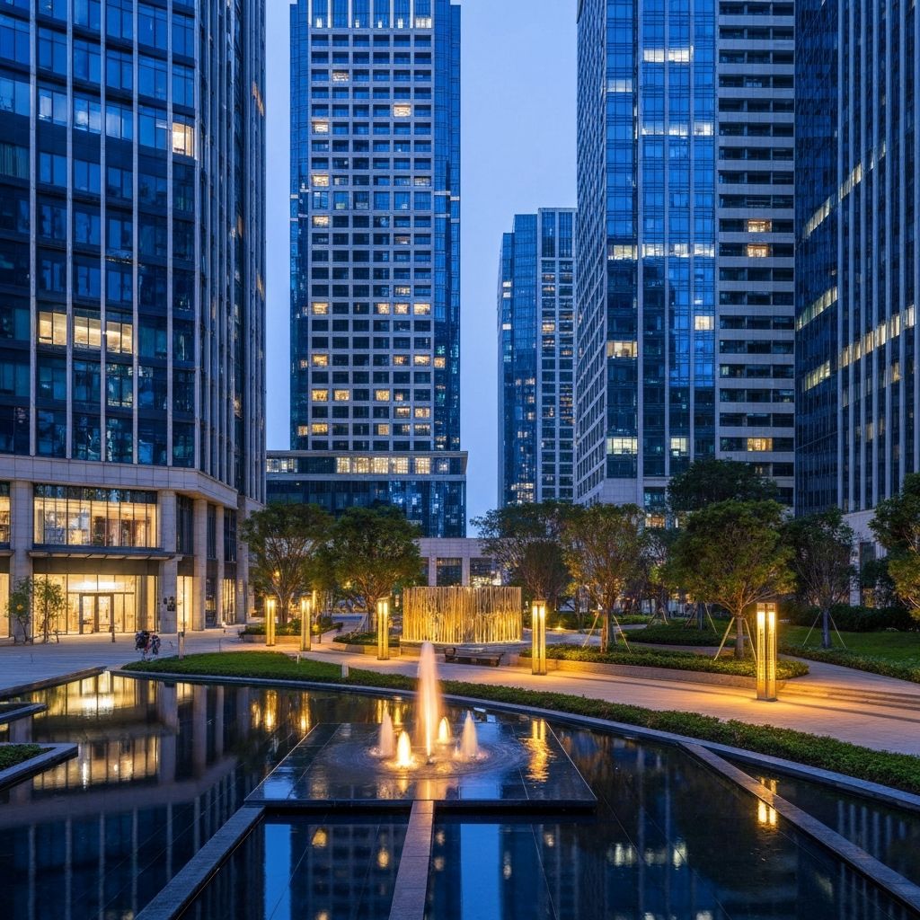 The Giga Zone — compute-anchored mixed-use district at night